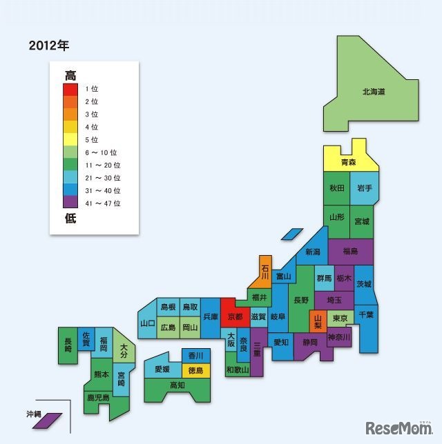 人口10万人あたりの大学登録件数による都道府県ランキング（2012年）図