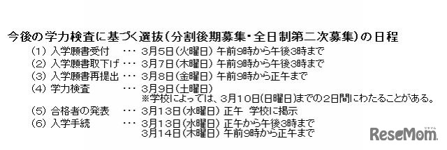 分割後期募集・全日制第二次募集の日程