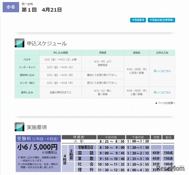 小6第1回統一合判の申込スケジュールと実施要項