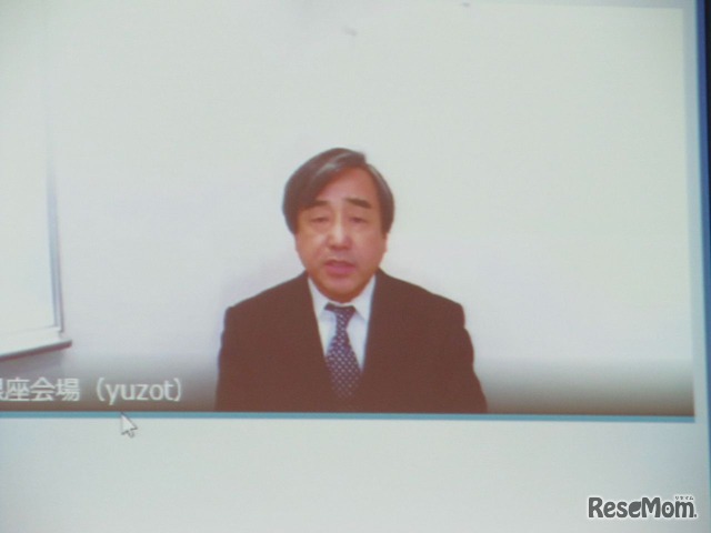 大阪府教育委員会委員長の陰山英男氏。別会場（銀座会場）より、Web会議システムで会見に参加