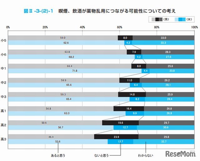 喫煙、飲酒が薬物乱用につながる可能性についての考え