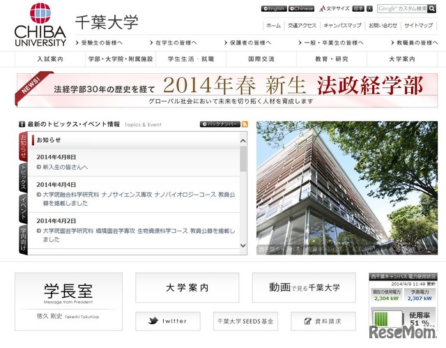 千葉大学のホームページ