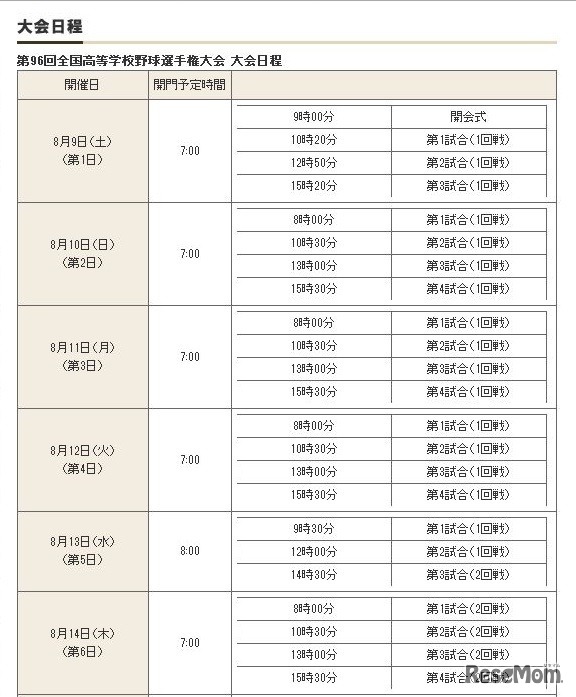 第96回全国高等学校野球選手権大会大会日程（一部）