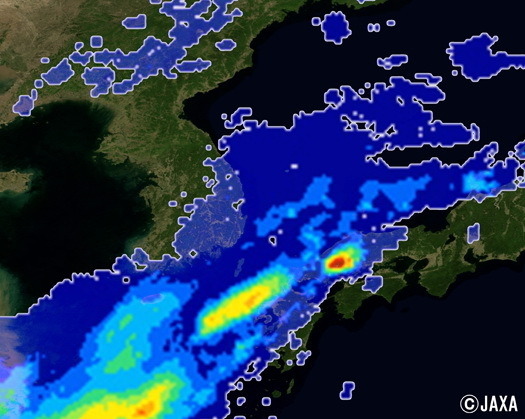 8 月19 日18 時から20 日6 時まで、「しずく（GCOM-W）」などで捉えた、西日本の積算降水量