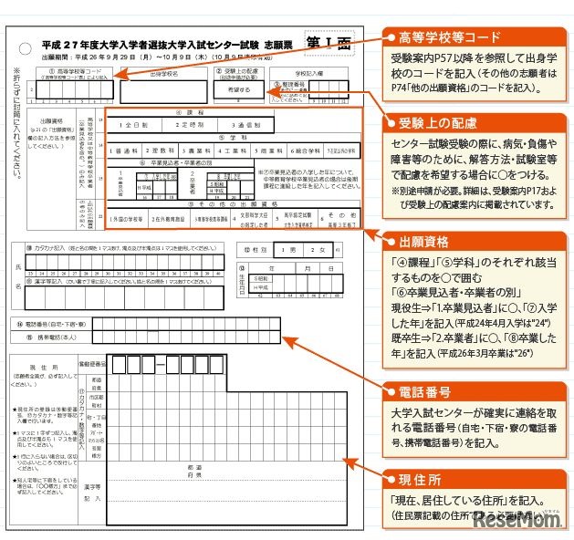 志願票の書き方（一部）