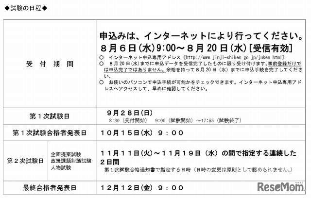 総合職試験（大卒程度）教養区分の試験日程