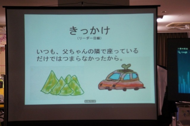 「シンクロナイズド・ドライビング」のアイデアは、お父さんとのドライブ、隣に座っているだけではつまらないという、ななちゃんの思いから誕生した。