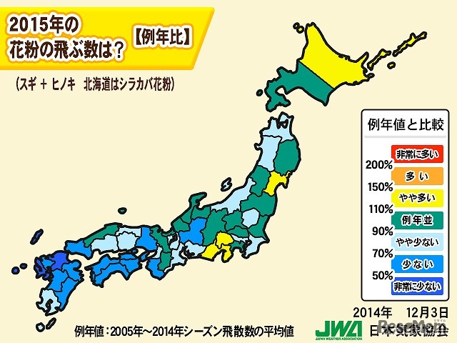 2015年春の花粉飛散数予測　（例年比）