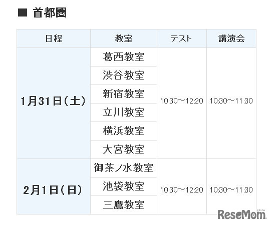 首都圏の開催日程