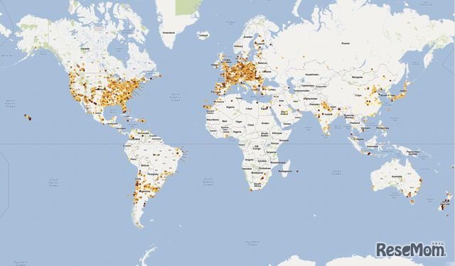 2012年の全報告をプロットした世界地図