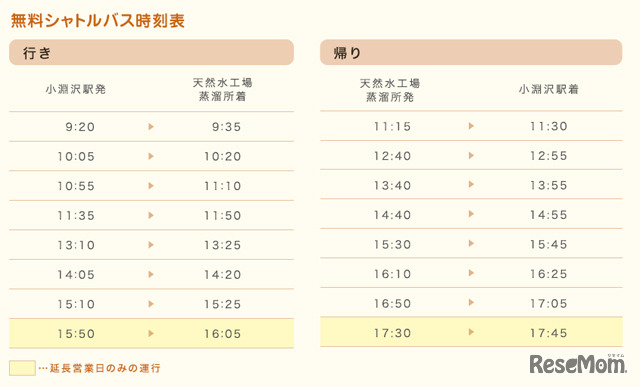 シャトルバス時刻表（期間限定運行）