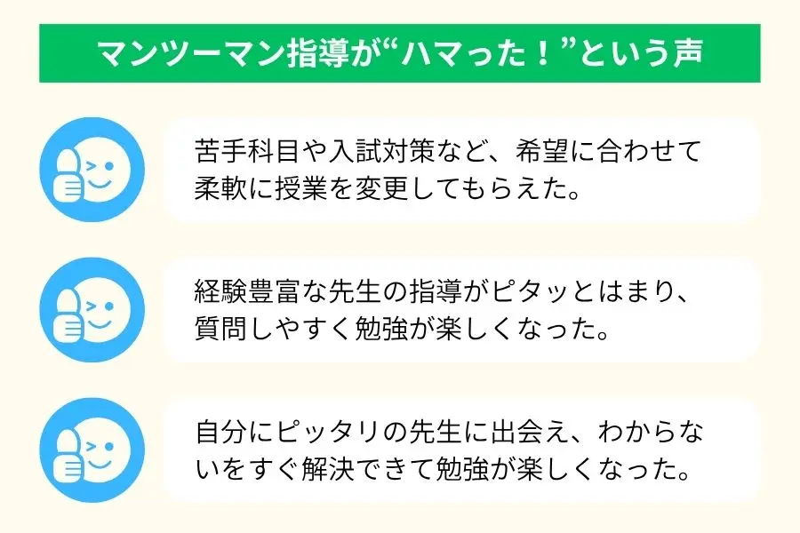 マンツーマン指導に関する口コミまとめ