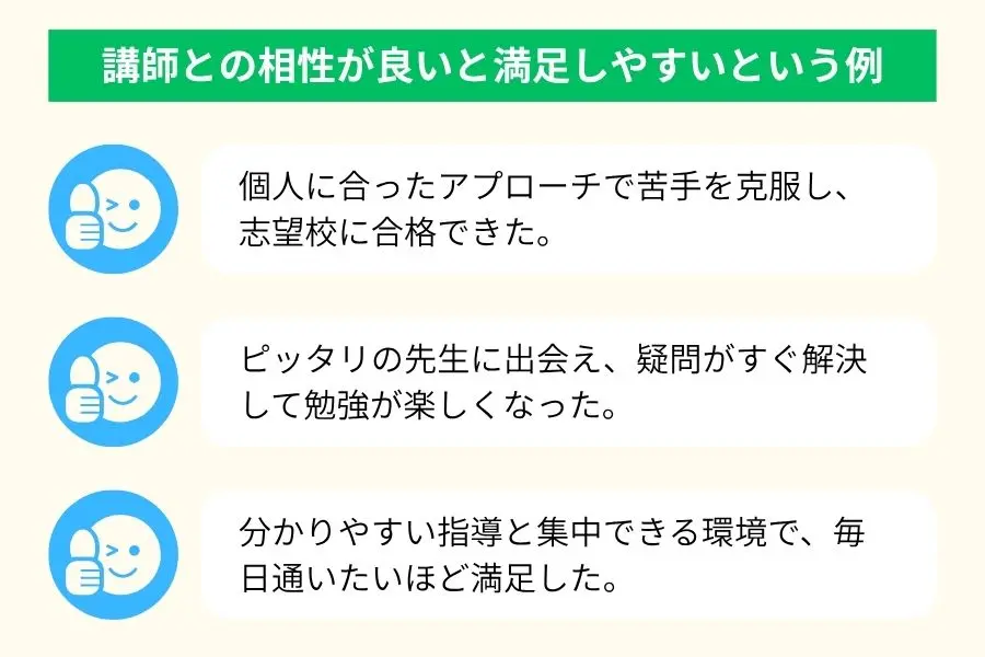 講師との相性が良いと満足しやすいという例