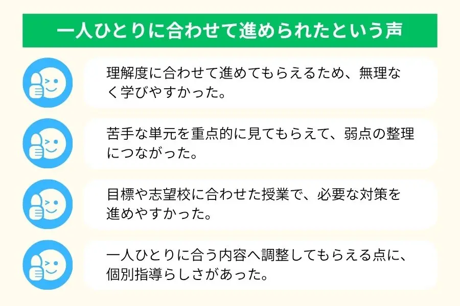 一人ひとりに合わせて進められたという声