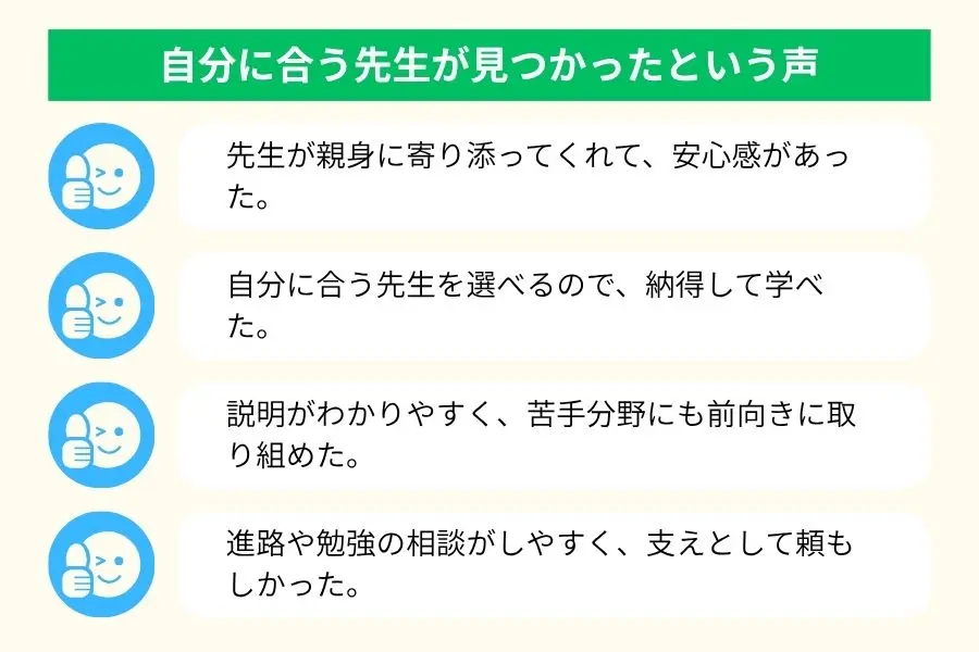 自分に合う先生が見つかったという声