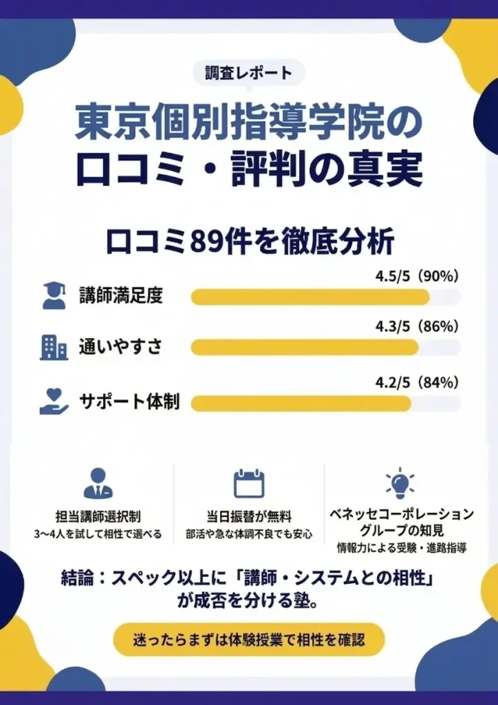 東京個別指導学院の評判を89人の口コミ分析で満足度の高さが明らかに!向き・不向きを簡単診断