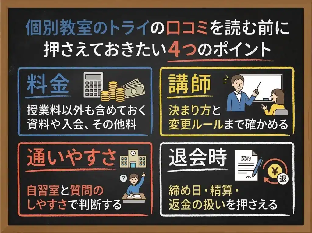 ＼個別教室のトライの口コミを読む前に押さえておきたい4つのポイント／