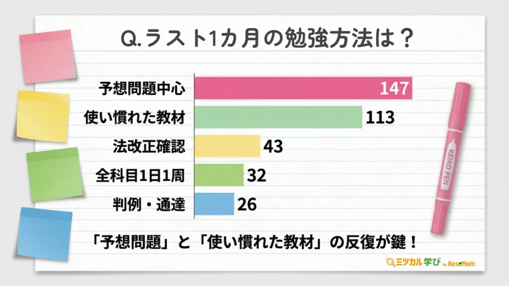 【直前期の学習:「予想問題中心」147名】使い慣れた教材の反復が合格への最終段階