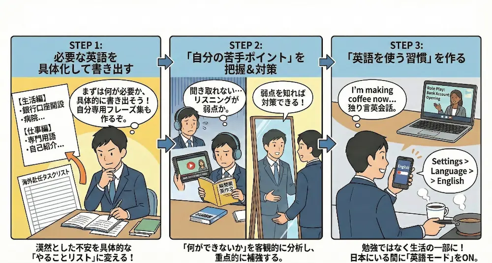 英語ができない人が海外赴任するための事前対策3ステップ