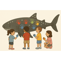 【姫路】地元の子供たちに「ものづくり」の楽しさを感じて欲しい！　自社で設計・製造した「鉄のジンベイザメ」のオブジェを地元の小学校に寄贈。全校生徒が色とりどりに手形をつけて完成させ、校内に常設されます！