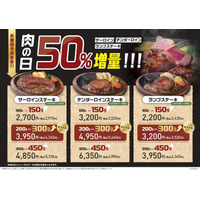 【ステーキのあさくま】肉の日、進化。サーロイン・テンダーロイン・ランプ、3種類すべて50%増量！6月27日(土)・28日(日)限定