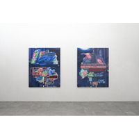 杉田万智による新作個展「灯火」を京橋「Gallery & Bakery Tokyo ８分」にて開催中。「風景の欠片」をテーマにネオンの光を描く油画作品に加え、新たな表現として立体作品も発表